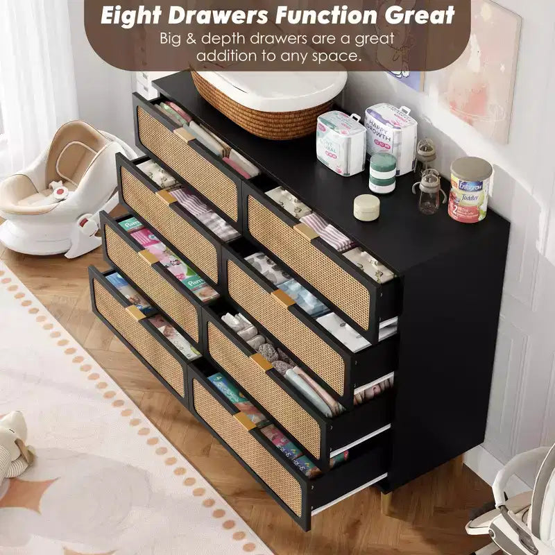 Rattan 8 Drawer Dressers for Bedroom, Tall Dresser with Deep Drawers, Large Chest of Drawers for Closet with Wide Top, Long Wooden Dresser