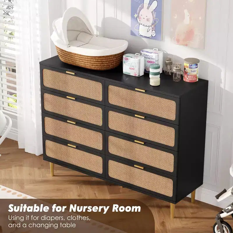 Rattan 8 Drawer Dressers for Bedroom, Tall Dresser with Deep Drawers, Large Chest of Drawers for Closet with Wide Top, Long Wooden Dresser