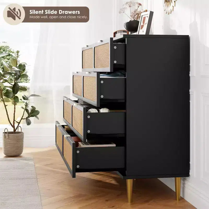 Rattan 8 Drawer Dressers for Bedroom, Tall Dresser with Deep Drawers, Large Chest of Drawers for Closet with Wide Top, Long Wooden Dresser