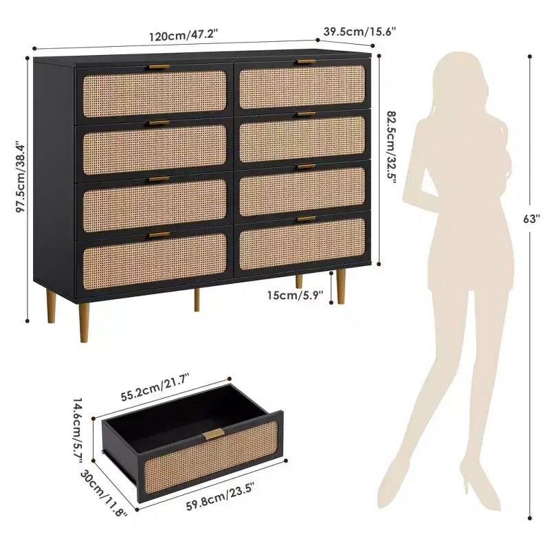 Rattan 8 Drawer Dressers for Bedroom, Tall Dresser with Deep Drawers, Large Chest of Drawers for Closet with Wide Top, Long Wooden Dresser