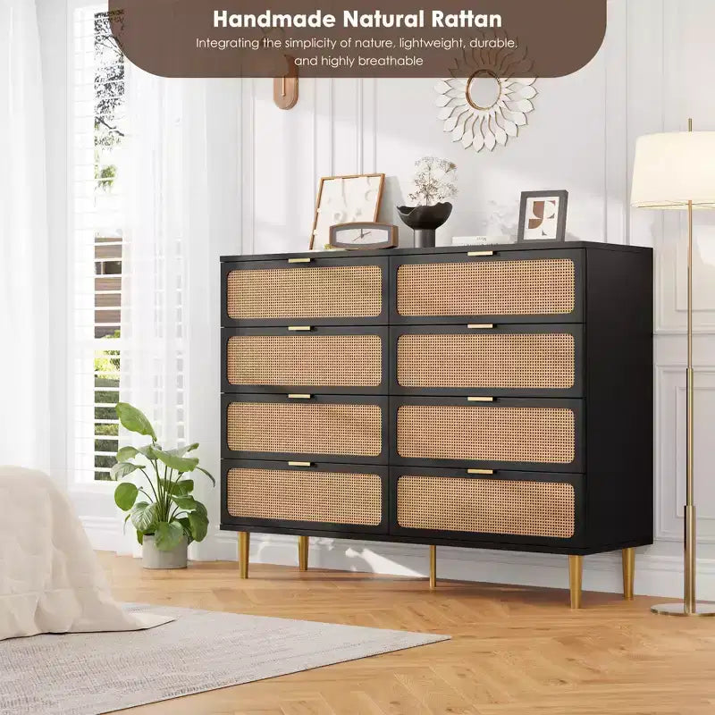 Rattan 8 Drawer Dressers for Bedroom, Tall Dresser with Deep Drawers, Large Chest of Drawers for Closet with Wide Top, Long Wooden Dresser