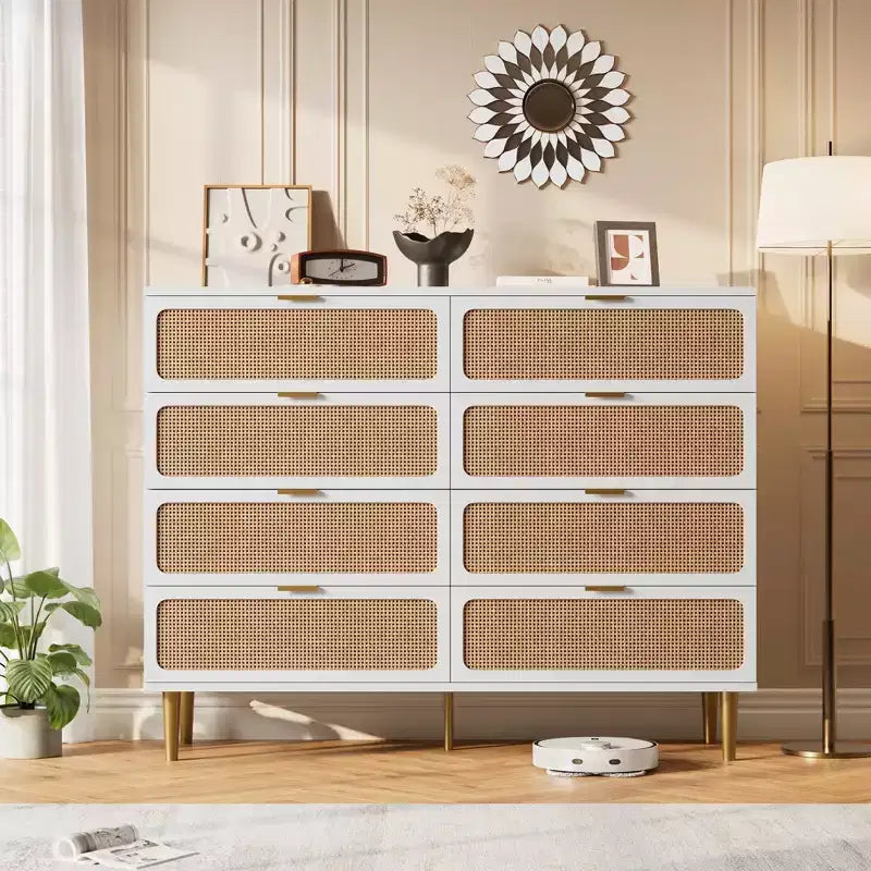 Rattan 8 Drawer Dressers for Bedroom, Tall Dresser with Deep Drawers, Large Chest of Drawers for Closet with Wide Top, Long Wooden Dresser