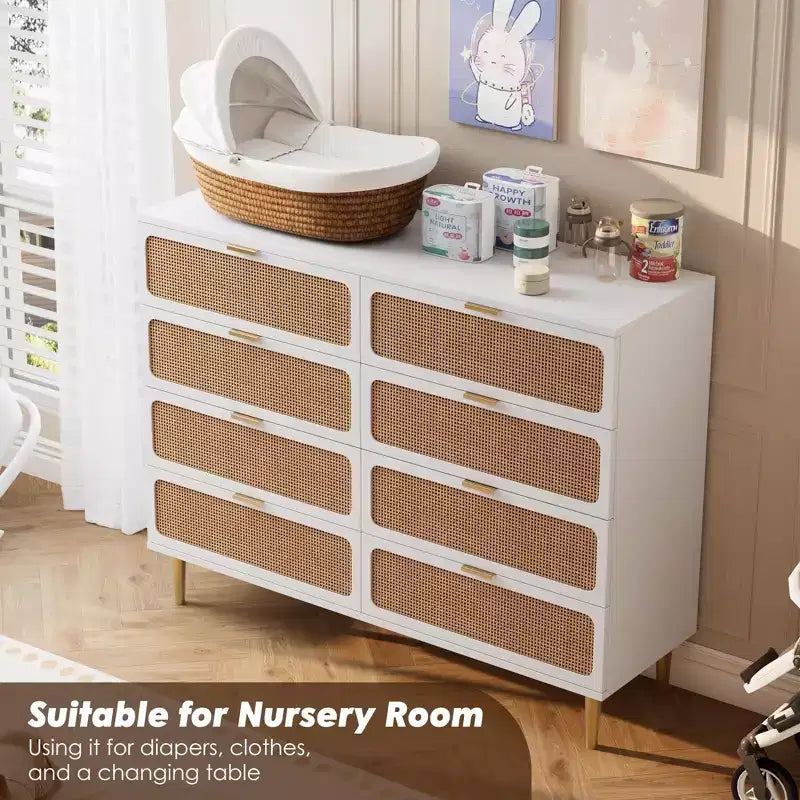 Rattan 8 Drawer Dressers for Bedroom, Tall Dresser with Deep Drawers, Large Chest of Drawers for Closet with Wide Top, Long Wooden Dresser