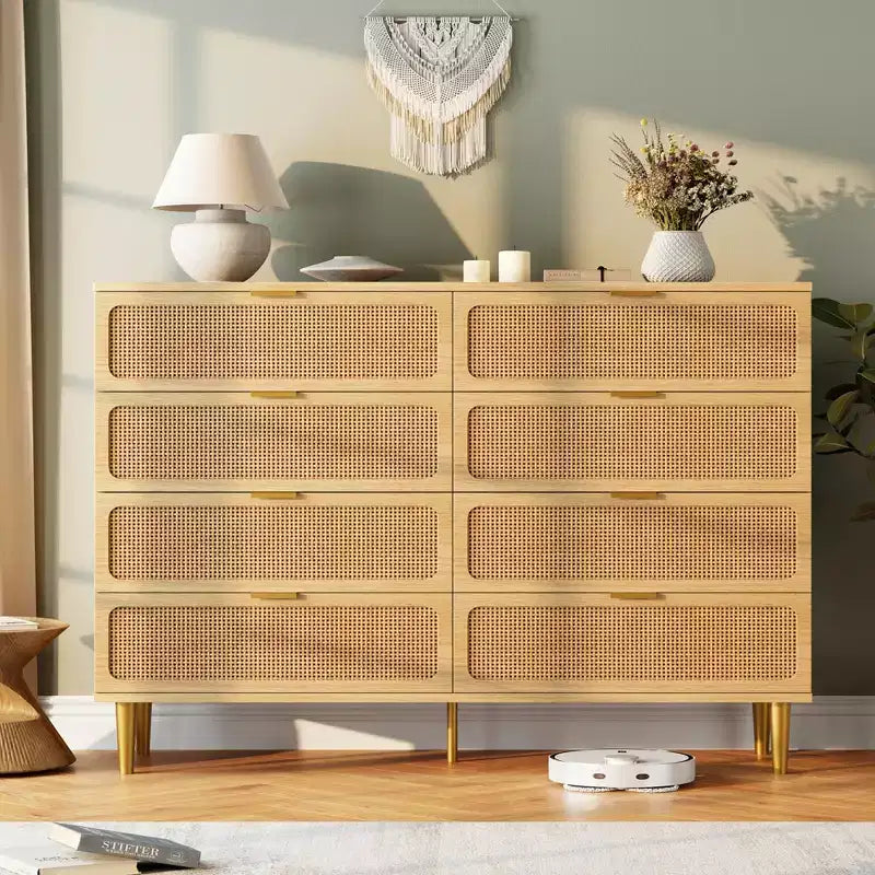 Rattan 8 Drawer Dressers for Bedroom, Tall Dresser with Deep Drawers, Large Chest of Drawers for Closet with Wide Top, Long Wooden Dresser