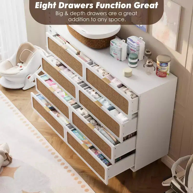 Rattan 8 Drawer Dressers for Bedroom, Tall Dresser with Deep Drawers, Large Chest of Drawers for Closet with Wide Top, Long Wooden Dresser