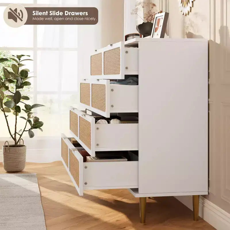 Rattan 8 Drawer Dressers for Bedroom, Tall Dresser with Deep Drawers, Large Chest of Drawers for Closet with Wide Top, Long Wooden Dresser