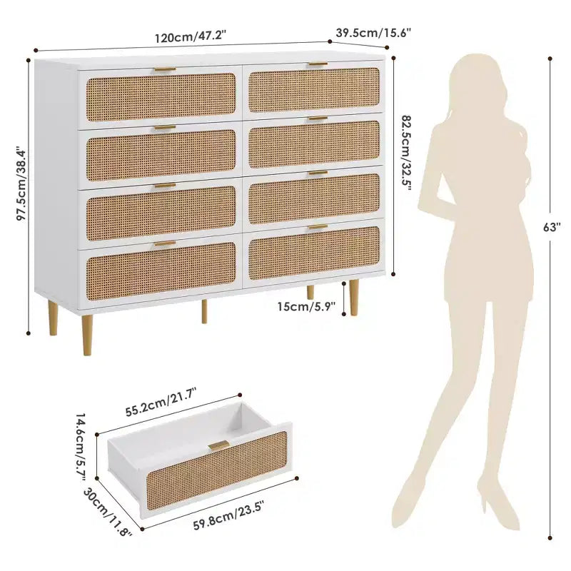 Rattan 8 Drawer Dressers for Bedroom, Tall Dresser with Deep Drawers, Large Chest of Drawers for Closet with Wide Top, Long Wooden Dresser