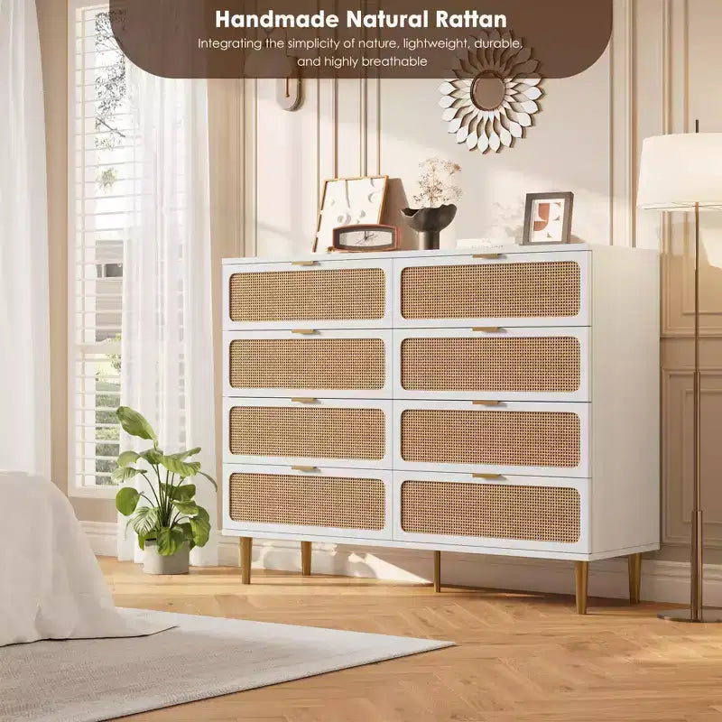 Rattan 8 Drawer Dressers for Bedroom, Tall Dresser with Deep Drawers, Large Chest of Drawers for Closet with Wide Top, Long Wooden Dresser