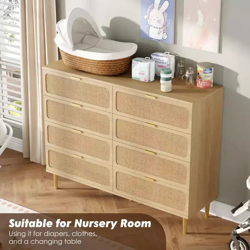 Commode à 8 tiroirs en rotin pour chambre à coucher, commode haute avec tiroirs profonds, grande commode pour placard avec plateau large, longue commode en bois