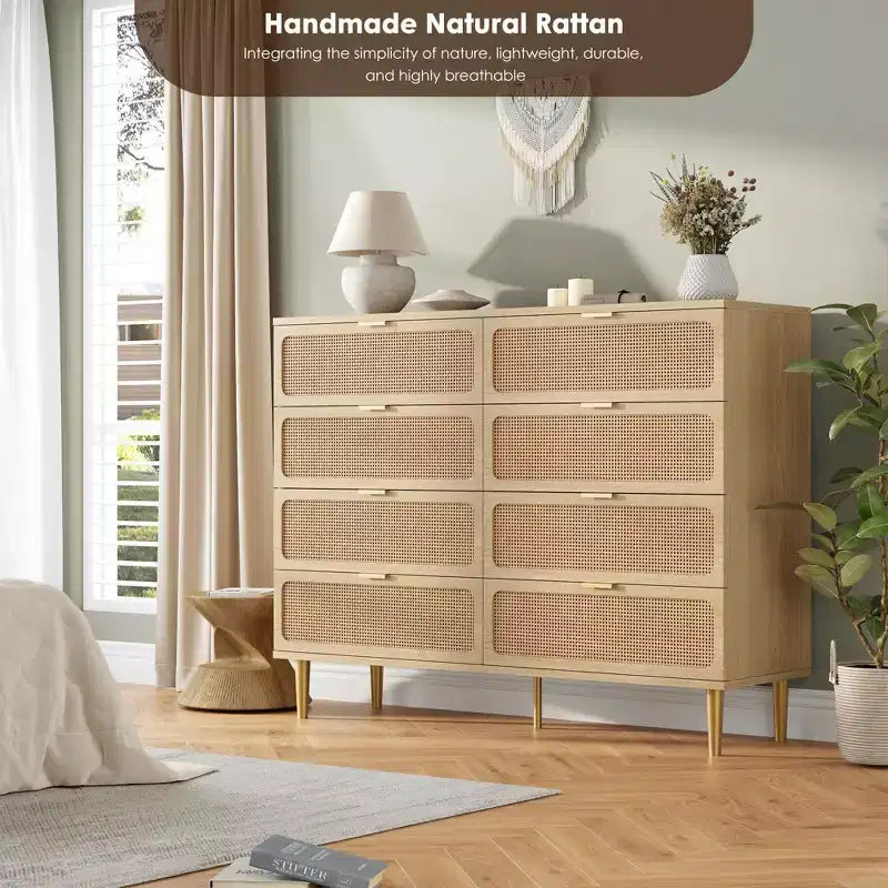 Commode à 8 tiroirs en rotin pour chambre à coucher, commode haute avec tiroirs profonds, grande commode pour placard avec plateau large, longue commode en bois