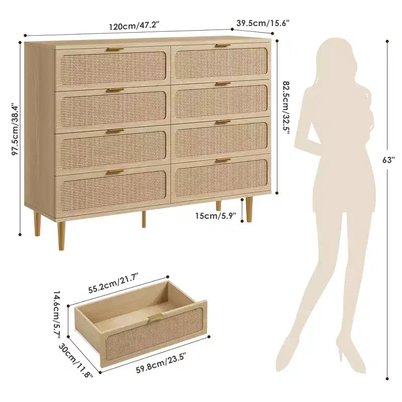 Rattan 8 Drawer Dressers for Bedroom, Tall Dresser with Deep Drawers, Large Chest of Drawers for Closet with Wide Top, Long Wooden Dresser