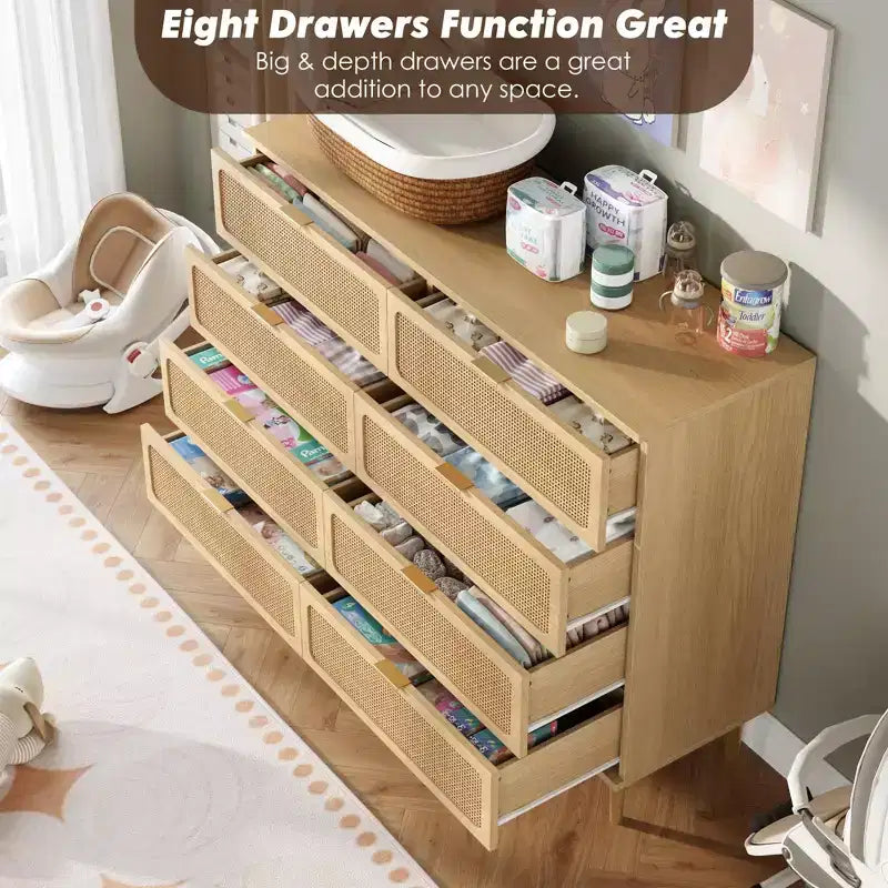 Rattan 8 Drawer Dressers for Bedroom, Tall Dresser with Deep Drawers, Large Chest of Drawers for Closet with Wide Top, Long Wooden Dresser
