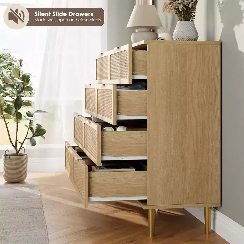 Rattan 8 Drawer Dressers for Bedroom, Tall Dresser with Deep Drawers, Large Chest of Drawers for Closet with Wide Top, Long Wooden Dresser