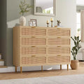 Rattan 8 Drawer Dressers for Bedroom, Tall Dresser with Deep Drawers, Large Chest of Drawers for Closet with Wide Top, Long Wooden Dresser