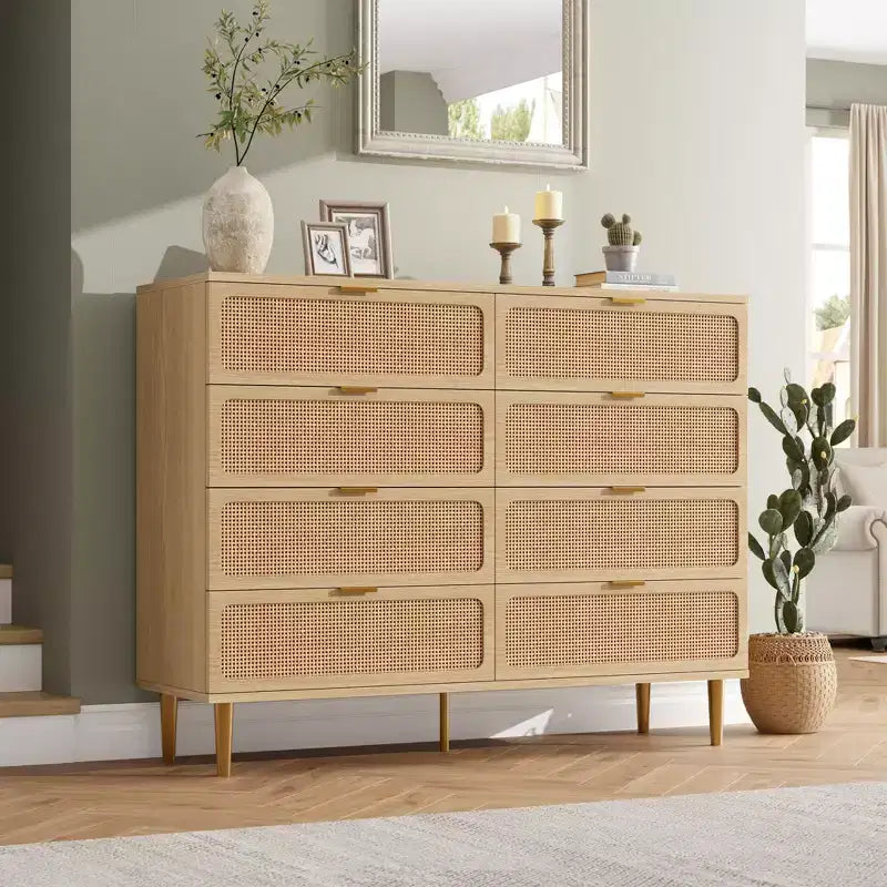 Rattan 8 Drawer Dressers for Bedroom, Tall Dresser with Deep Drawers, Large Chest of Drawers for Closet with Wide Top, Long Wooden Dresser