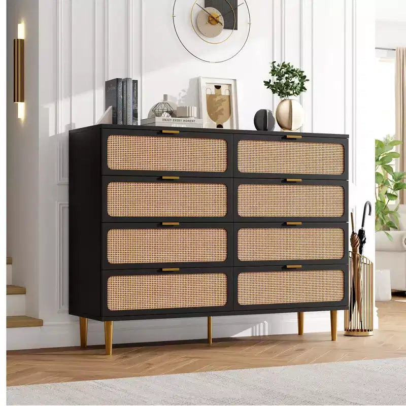Commode à 8 tiroirs en rotin pour chambre à coucher, commode haute avec tiroirs profonds, grande commode pour placard avec plateau large, longue commode en bois