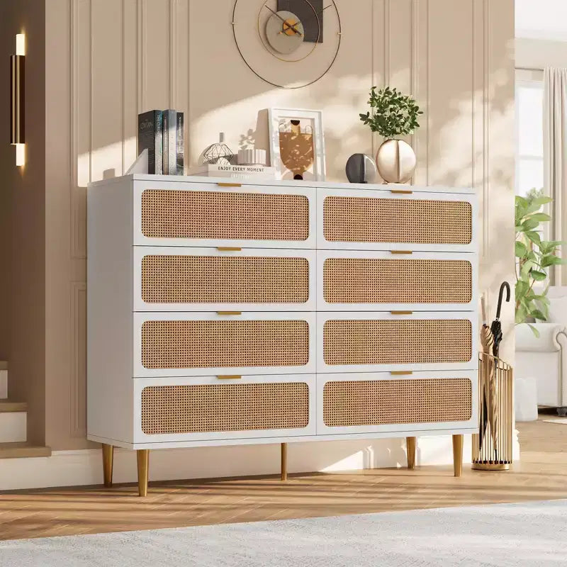 Commode à 8 tiroirs en rotin pour chambre à coucher, commode haute avec tiroirs profonds, grande commode pour placard avec plateau large, longue commode en bois