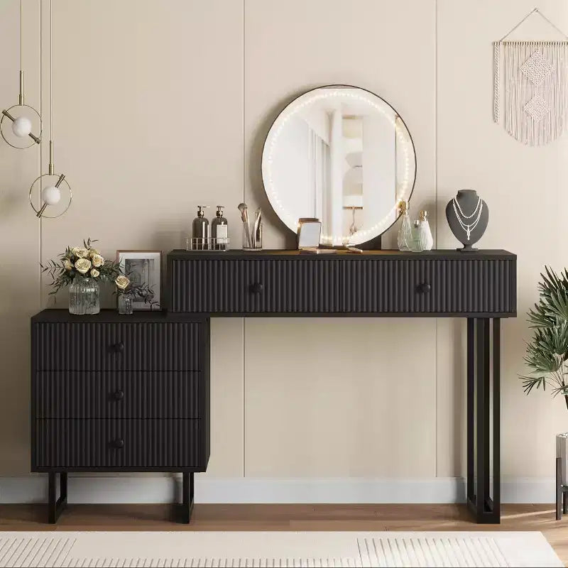COZONY Vanity Desk with Mirror & Lights, Small Makeup Vanity Table with Drawers, Modern Dressing Table with 3 Color Adjustable Brightness for Bedroom