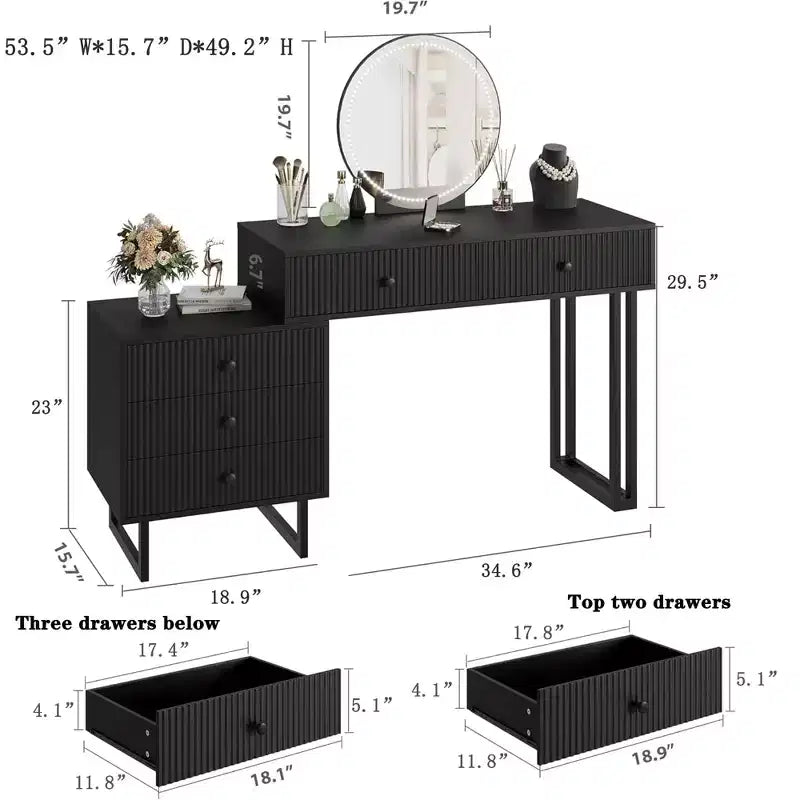 Coiffeuse avec miroir et lumières, Petite table de maquillage avec tiroirs, Coiffeuse moderne à luminosité réglable sur 3 couleurs pour chambre à coucher