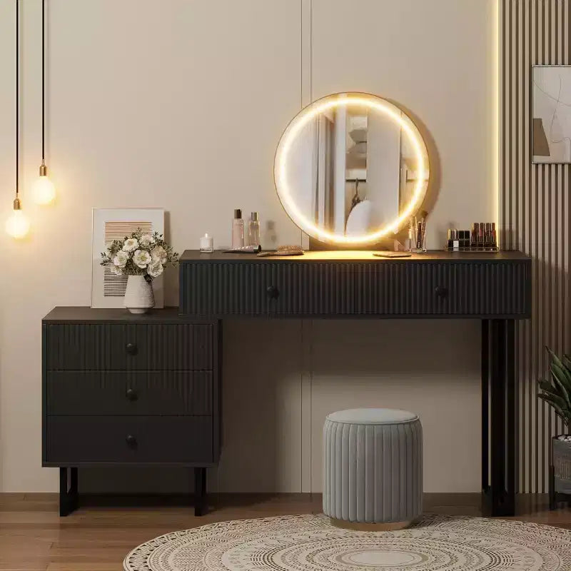 Coiffeuse avec miroir et lumières, Petite table de maquillage avec tiroirs, Coiffeuse moderne à luminosité réglable sur 3 couleurs pour chambre à coucher