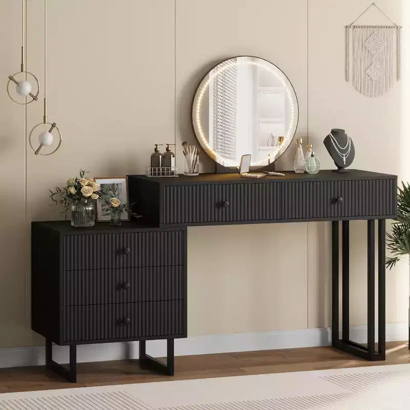 Coiffeuse avec miroir et lumières, Petite table de maquillage avec tiroirs, Coiffeuse moderne à luminosité réglable sur 3 couleurs pour chambre à coucher