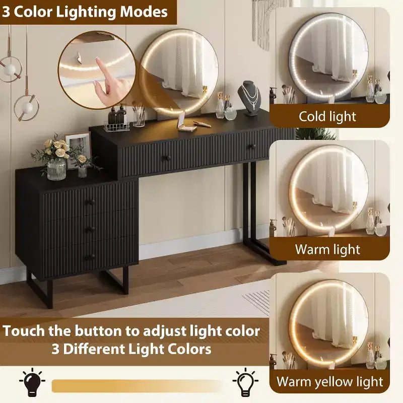 Coiffeuse avec miroir et lumières, Petite table de maquillage avec tiroirs, Coiffeuse moderne à luminosité réglable sur 3 couleurs pour chambre à coucher