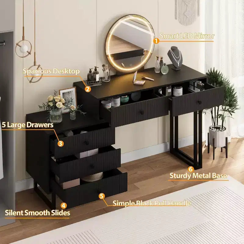 Vanity Desk with Mirror & Lights, Small Makeup Vanity Table with Drawers, Modern Dressing Table with 3 Color Adjustable Brightness for Bedroom
