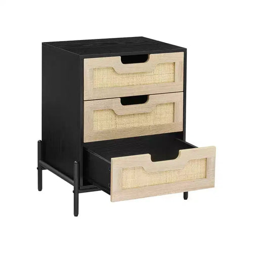 25 Tall Rattan Nightstand, Modern Farmhouse Bedside Table with 3 Natural Rattan Drawers, Sturdy Metal Legs, End Table for Bedroom or Living Room
