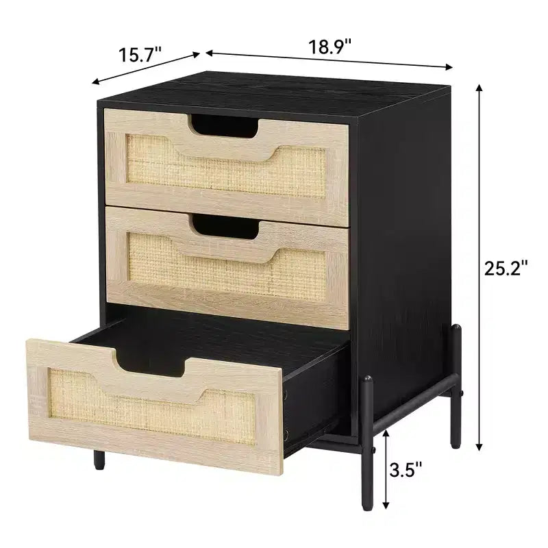 25 Tall Rattan Nightstand, Modern Farmhouse Bedside Table with 3 Natural Rattan Drawers, Sturdy Metal Legs, End Table for Bedroom or Living Room