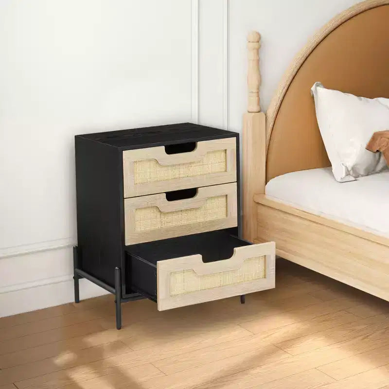 25 Tall Rattan Nightstand, Modern Farmhouse Bedside Table with 3 Natural Rattan Drawers, Sturdy Metal Legs, End Table for Bedroom or Living Room