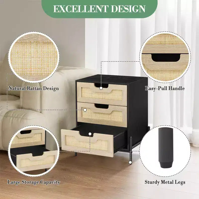 25 Tall Rattan Nightstand, Modern Farmhouse Bedside Table with 3 Natural Rattan Drawers, Sturdy Metal Legs, End Table for Bedroom or Living Room