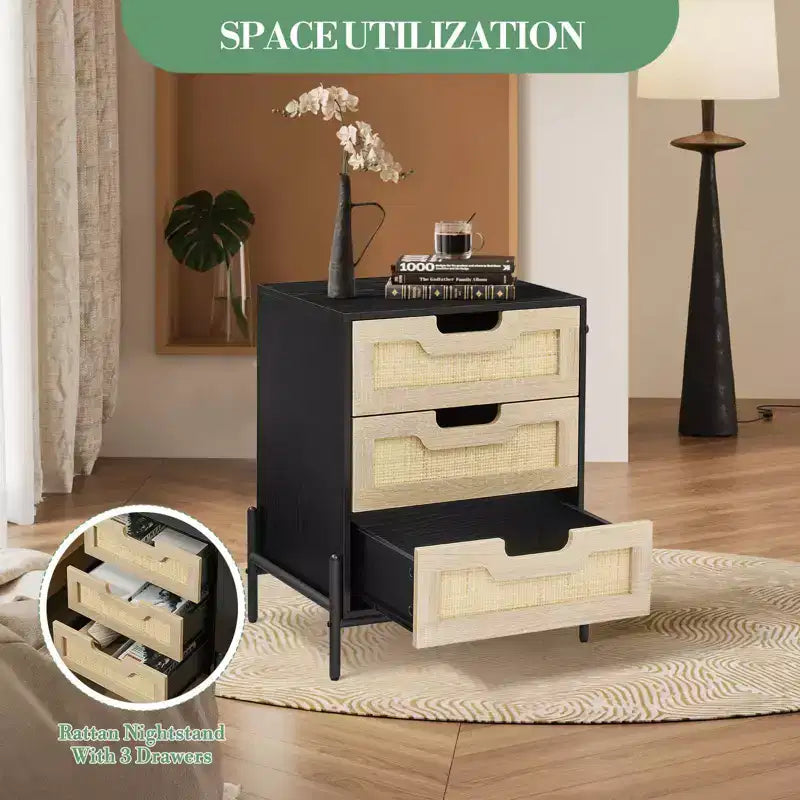 25 Tall Rattan Nightstand, Modern Farmhouse Bedside Table with 3 Natural Rattan Drawers, Sturdy Metal Legs, End Table for Bedroom or Living Room