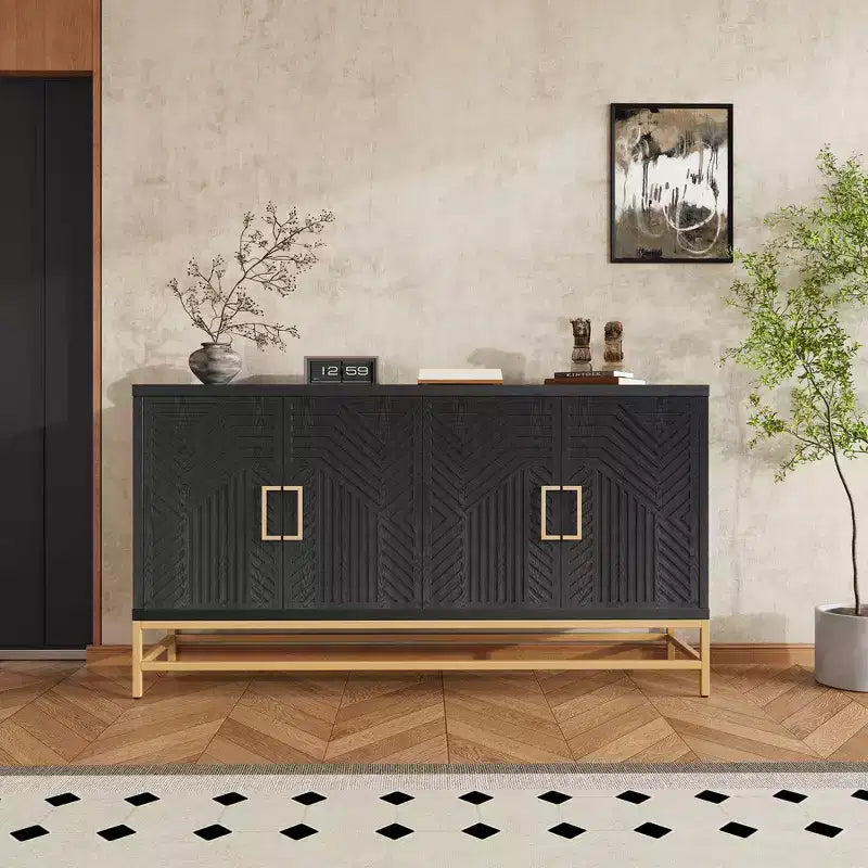 Buffet de rangement de style rétro avec motif symétrique, pieds métalliques stables et plateau polyvalent