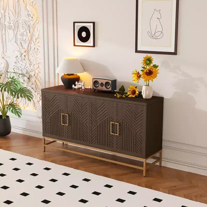 Buffet de rangement de style rétro avec motif symétrique, pieds métalliques stables et plateau polyvalent