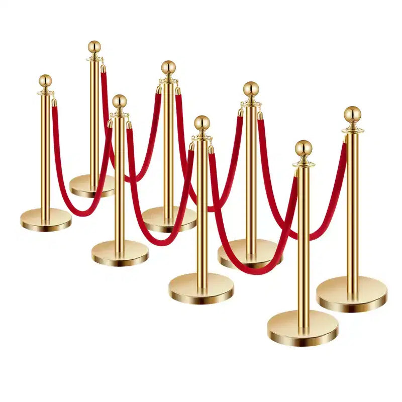 VEVOR Stanchions and Velvet Ropes 8Pcs,Hollow Base with Stainless Steel Post,6Red Velvet Ropes and Posts,Crowd Control Barriers Gold Stanchions,Gold