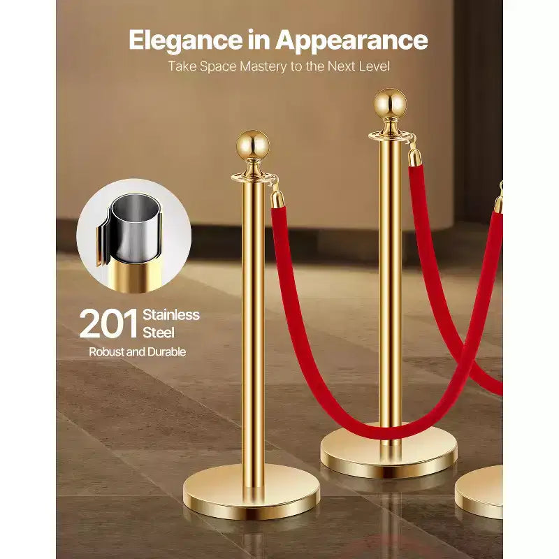 Stanchions and Velvet Ropes 8Pcs,Hollow Base with Stainless Steel Post,6Red Velvet Ropes and Posts,Crowd Control Barriers Gold Stanchions,Gold
