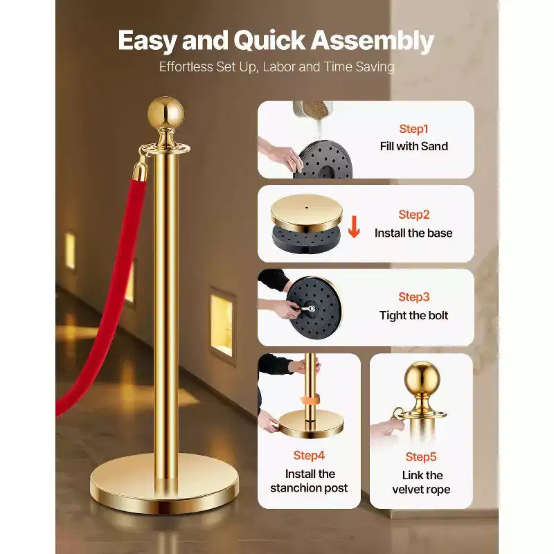 Stanchions and Velvet Ropes 8Pcs,Hollow Base with Stainless Steel Post,6Red Velvet Ropes and Posts,Crowd Control Barriers Gold Stanchions,Gold