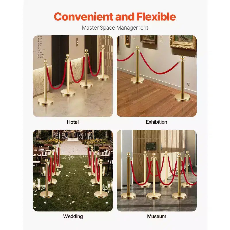 Stanchions and Velvet Ropes 8Pcs,Hollow Base with Stainless Steel Post,6Red Velvet Ropes and Posts,Crowd Control Barriers Gold Stanchions,Gold