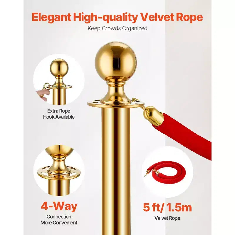 Stanchions and Velvet Ropes 8Pcs,Hollow Base with Stainless Steel Post,6Red Velvet Ropes and Posts,Crowd Control Barriers Gold Stanchions,Gold