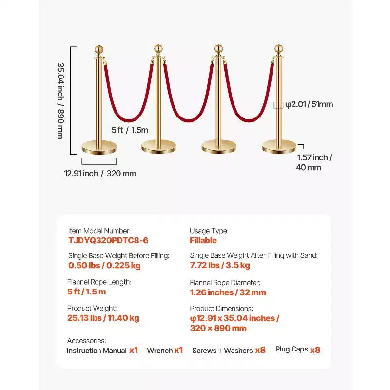 Stanchions and Velvet Ropes 8Pcs,Hollow Base with Stainless Steel Post,6Red Velvet Ropes and Posts,Crowd Control Barriers Gold Stanchions,Gold