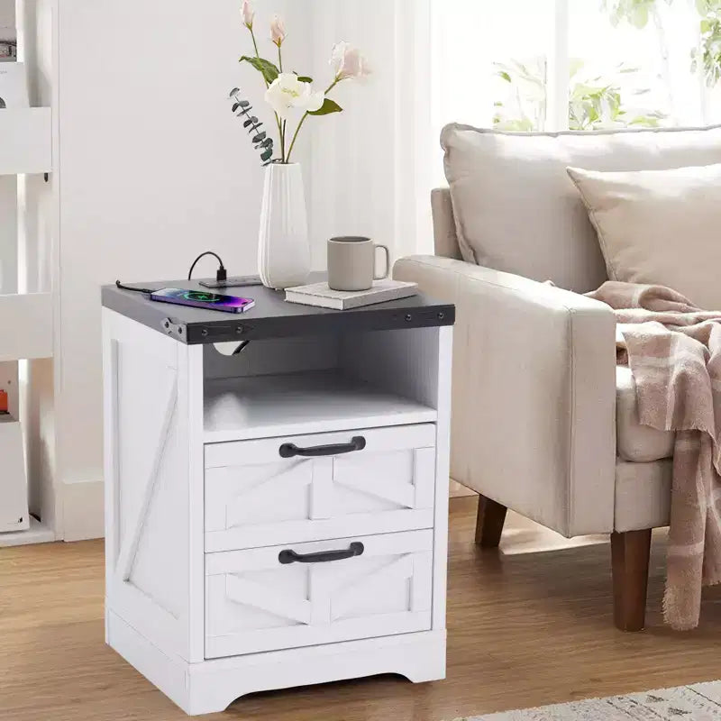 Farmhouse Style Bedside Table - White bedside table with charging station, bedroom bedside table, double drawers, sturdy and durable engineered wood.