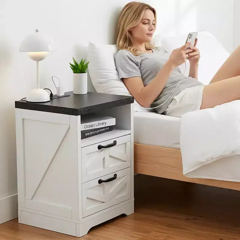 Farmhouse Style Bedside Table - White bedside table with charging station, bedroom bedside table, double drawers, sturdy and durable engineered wood.