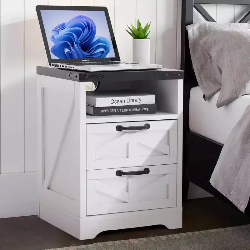 Table de chevet de style ferme - Table de chevet blanche avec station de charge, table de chevet de chambre, deux tiroirs, bois d'ingénierie robuste et durable.