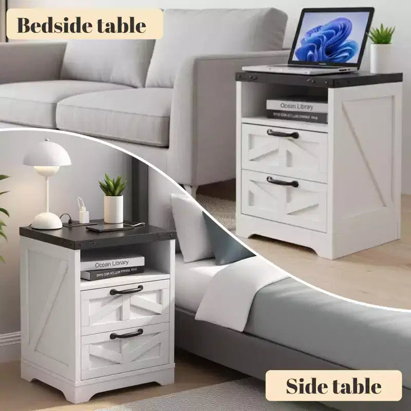 Farmhouse Style Bedside Table - White bedside table with charging station, bedroom bedside table, double drawers, sturdy and durable engineered wood.