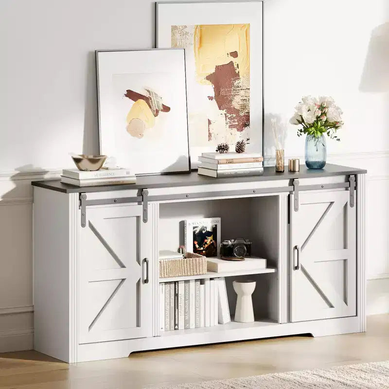 Farmhouse TV Stand for Up to 70 in TVs, 66 in Wood Entertainment Center with 4 Drawers, Sliding Barn Door & Storage Shelves for Living Room