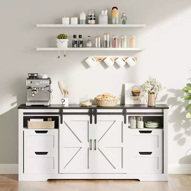 Farmhouse TV Stand for Up to 70 in TVs, 66 in Wood Entertainment Center with 4 Drawers, Sliding Barn Door & Storage Shelves for Living Room
