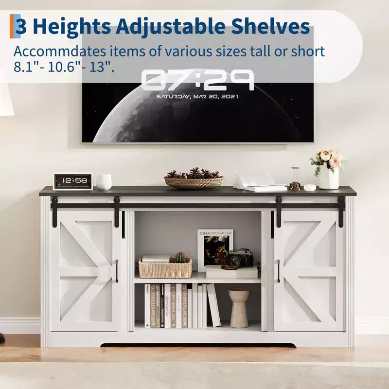 Farmhouse TV Stand for Up to 70 in TVs, 66 in Wood Entertainment Center with 4 Drawers, Sliding Barn Door & Storage Shelves for Living Room