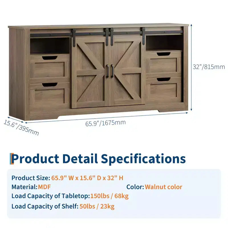 Farmhouse TV Stand for Up to 70 in TVs, 66 in Wood Entertainment Center with 4 Drawers, Sliding Barn Door & Storage Shelves for Living Room