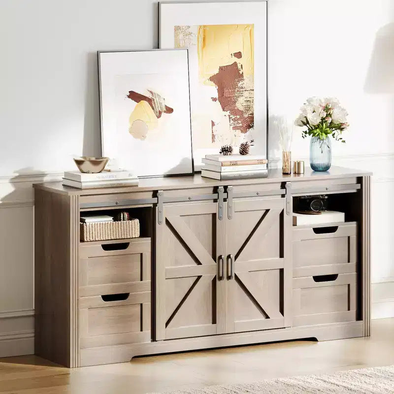 Farmhouse TV Stand for Up to 70 in TVs, 66 in Wood Entertainment Center with 4 Drawers, Sliding Barn Door & Storage Shelves for Living Room
