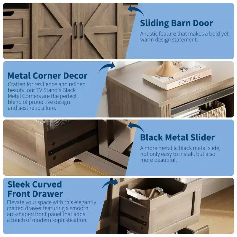 Meuble TV de style rustique pour téléviseurs jusqu'à 70 pouces, meuble de divertissement en bois de 66 pouces avec 4 tiroirs, porte coulissante de style grange et étagères de rangement pour salon